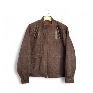 Vintage Bolivia  100% Wool Jacket Brown Leather Trim Bomber Coat Men’s L